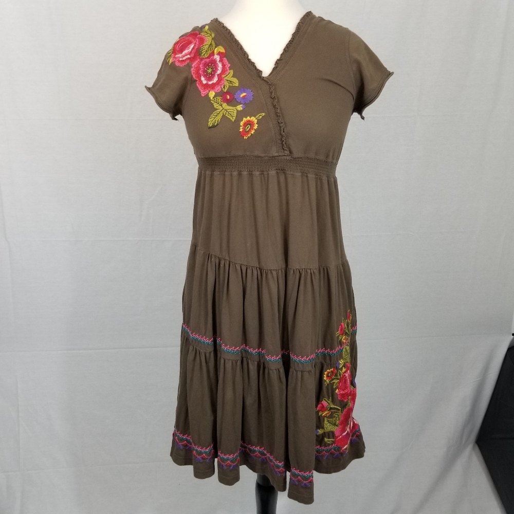 Johnny Was JWLA Dress Embroidered Brown Red Flower